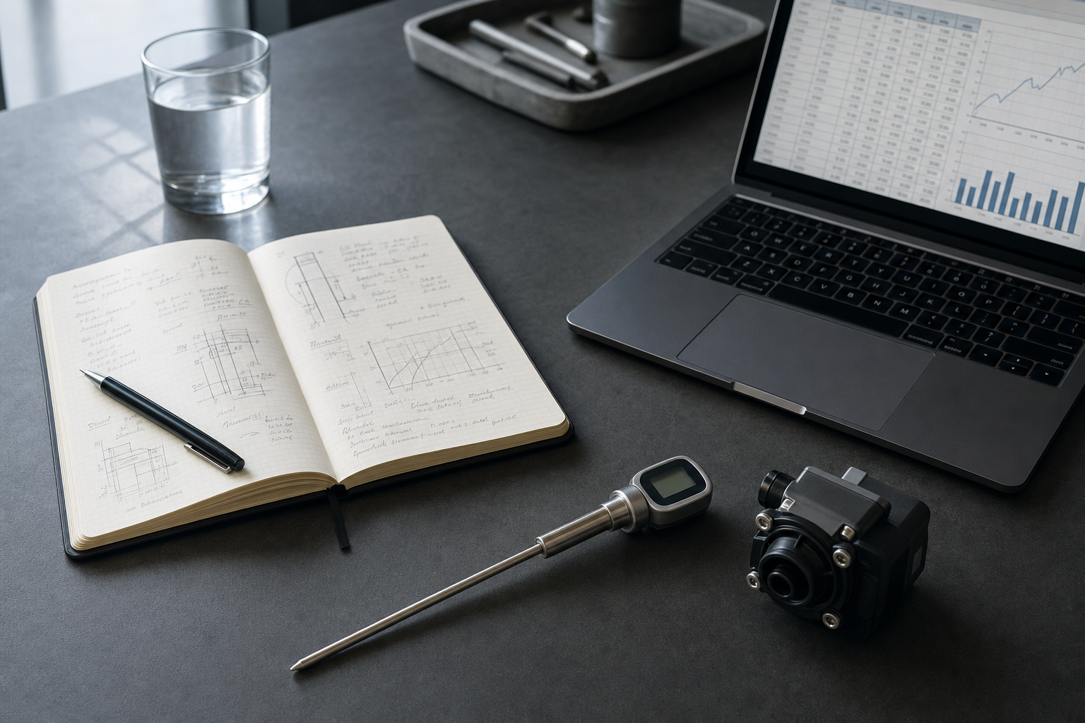 Research desk with a notebook of specs, a thermometer, and a chiller pump part