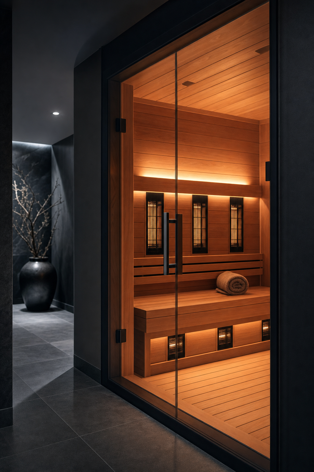 Cedar-lined infrared sauna cabin glowing warmly, seen through a glass door